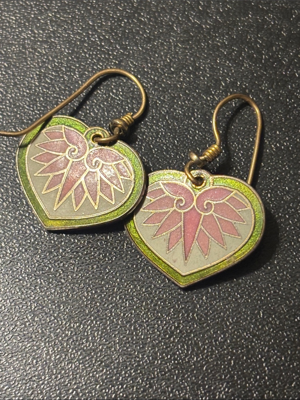 Laurel Burch Pink Green Heart Cloisonne Hollyhock Lotus Flower Enamel Earrings - Picture 11 of 11